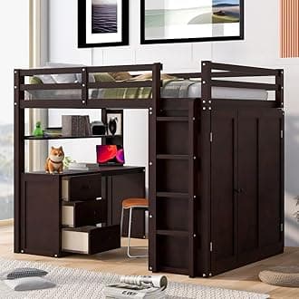Okak Full Size Loft Bed Multifunctional Full Bed Frame with Desk and Drawers Loft Bunk Bed Over Desk with Ladder and Safety Guardrail,Strong Solid Wood Slats Support,Espresso