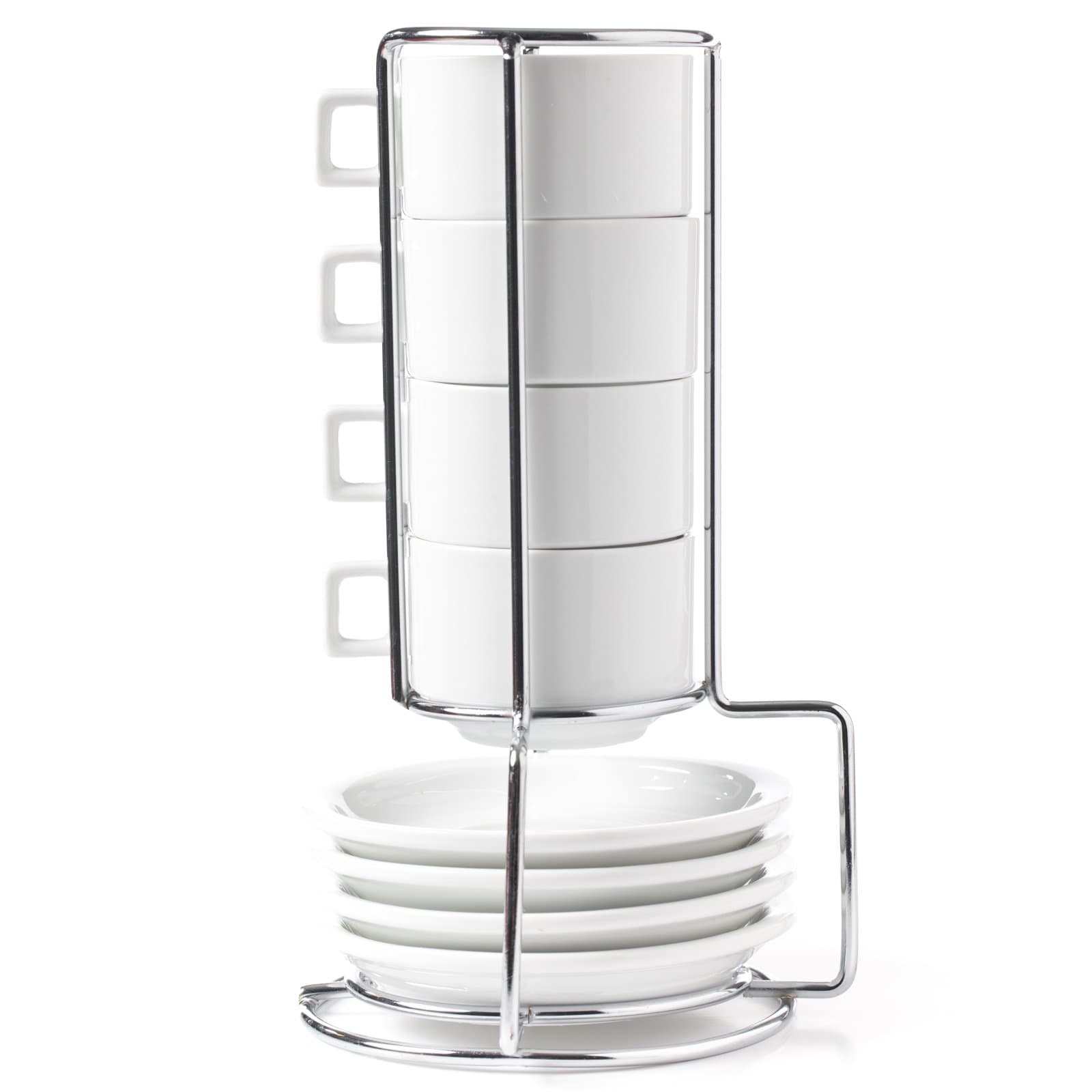Stack-able Porcelain 3.2 OZ Espresso Turkish Coffee Cups and Saucer Set with Chrome Rack (9 Piece Set) (1)