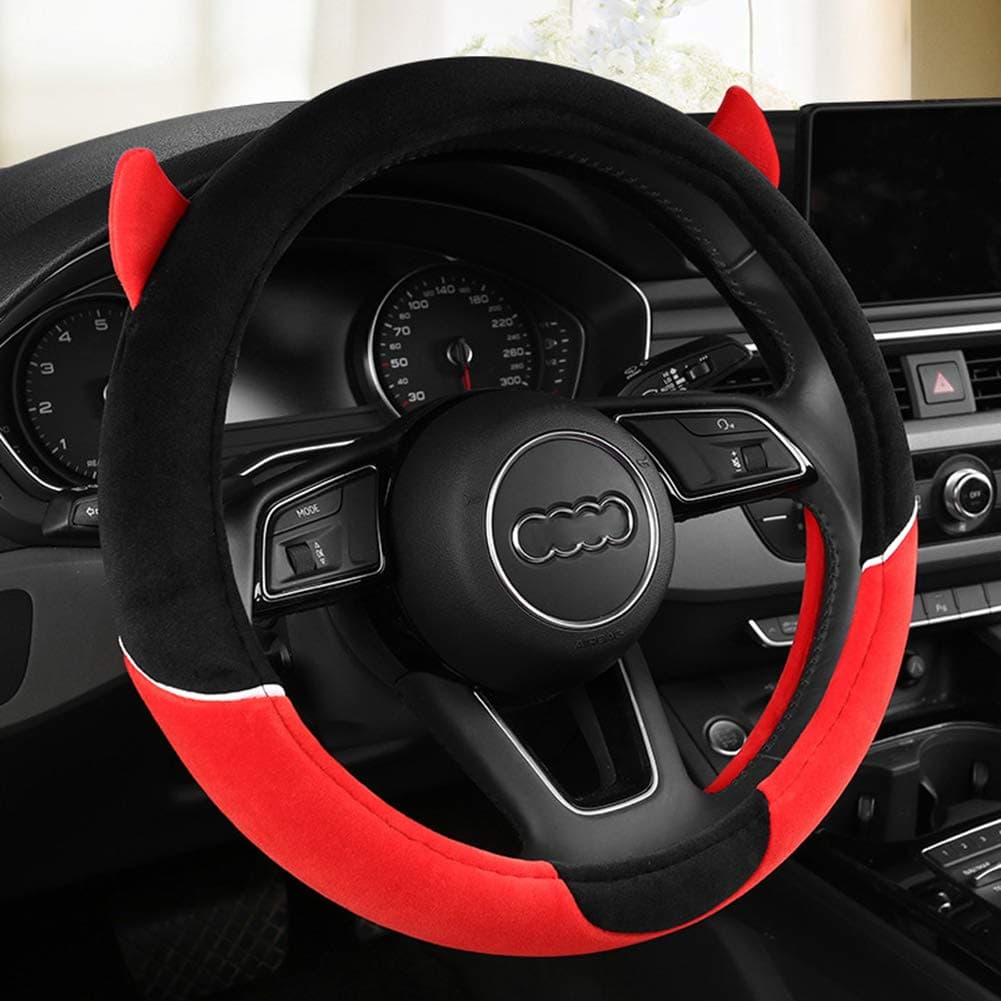 Cute Devil Horns Car Steering Wheel Covers Plush Steering Covers for Women, Universal Fit 15 Inch,Anti-Slip & Odor-Free (Red)