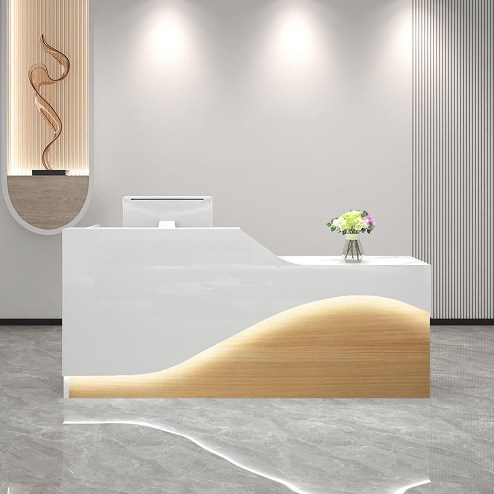 Front Desk Reception Counter, Front Counter Desk with Lockable Drawer, Reception Counter, Modern Retail Counter for Checkout Office/Beauty Salon/Lobby C-Right(White+Natural-L,Medium)