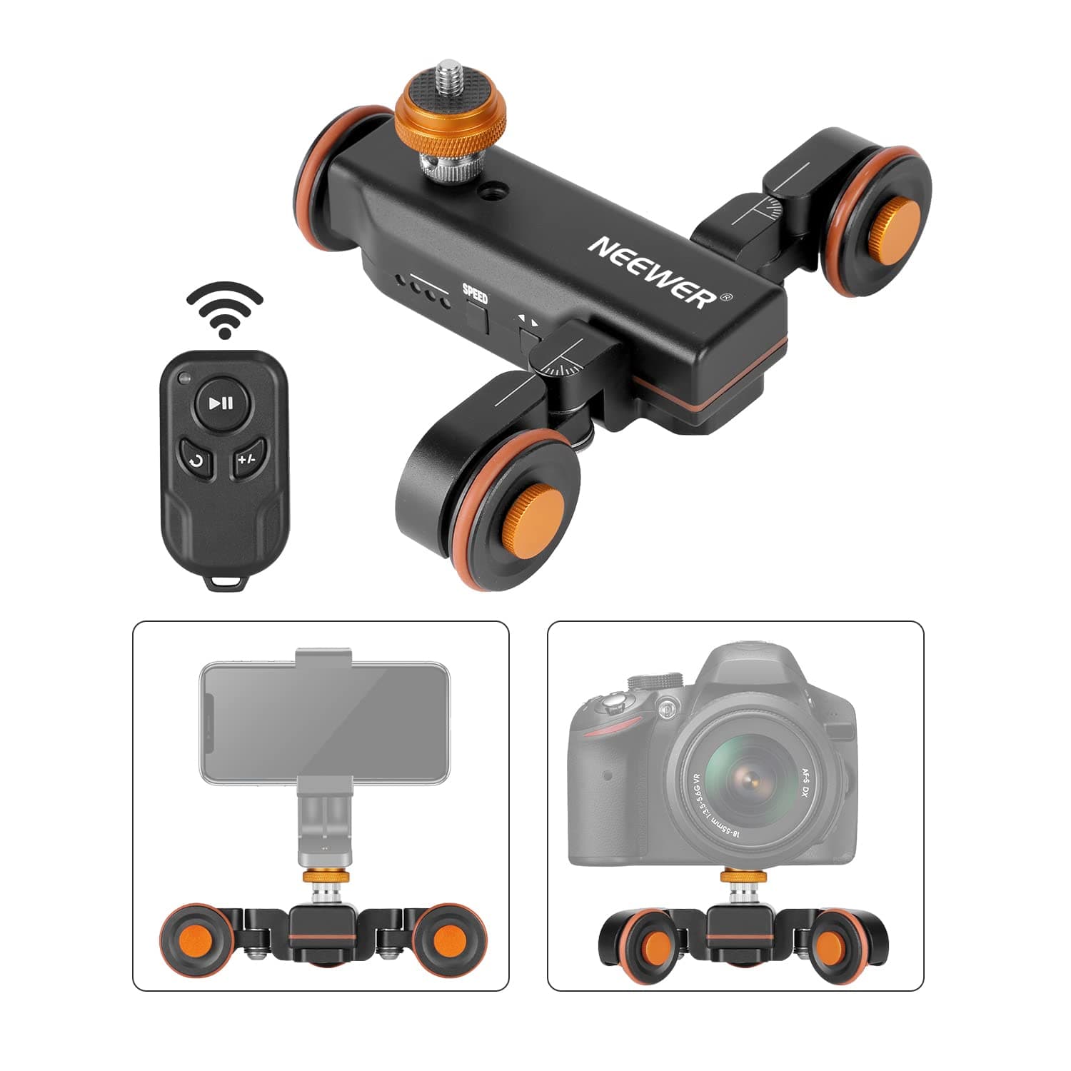 NEEWER 3-Wheels Wireless Video Camera Dolly, 3-Speed Motorized Electric Track Rail Slider Dolly Car with Remote Control, Compatible with DSLR Camera, Camcorder, Gopro, and Smartphone