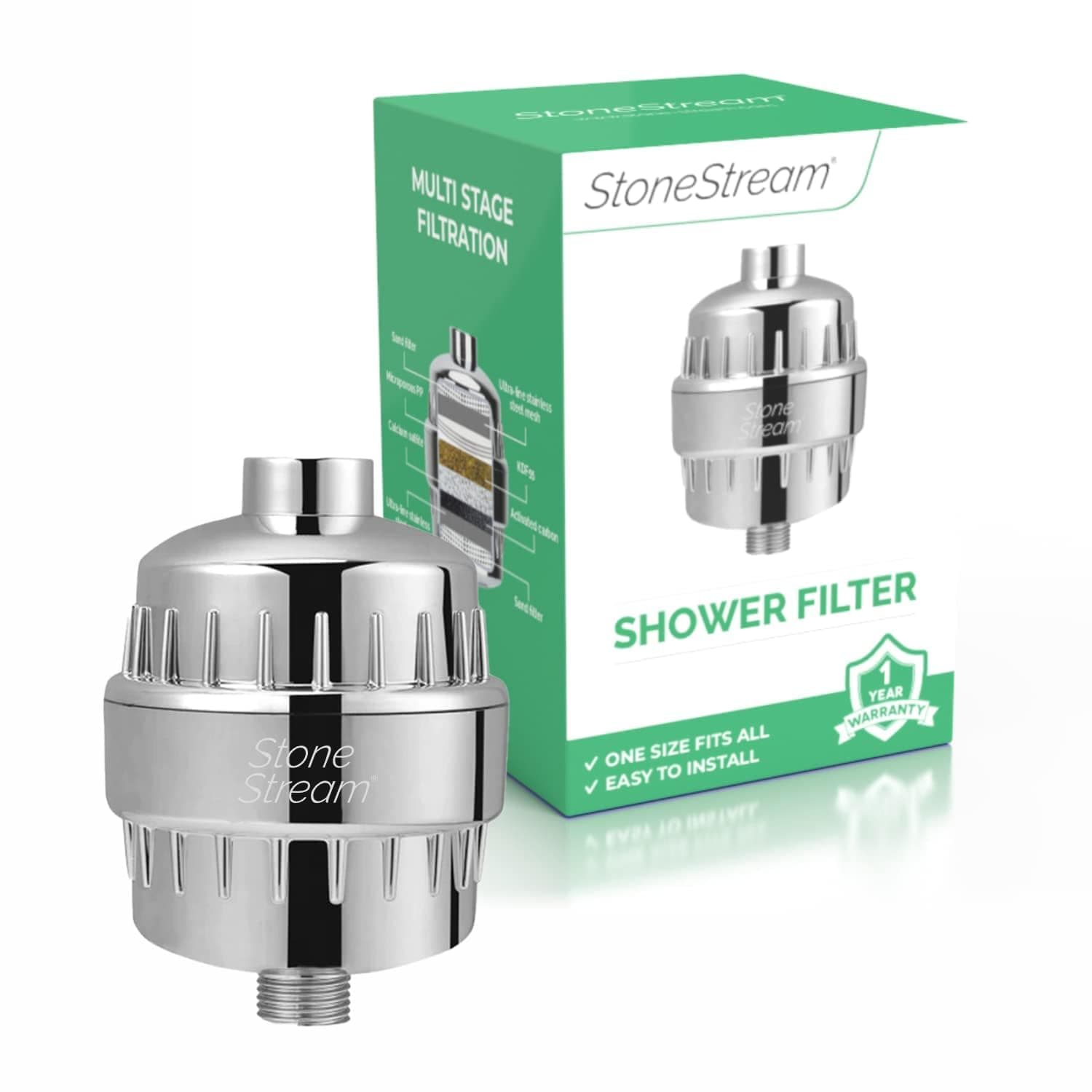 StoneStream EcoPower Shower Head System — Spa Like Ionic Filter to Soften Water, Increase Pressure & Save Water — Universal Hard Water Filter for All Types of Showers
