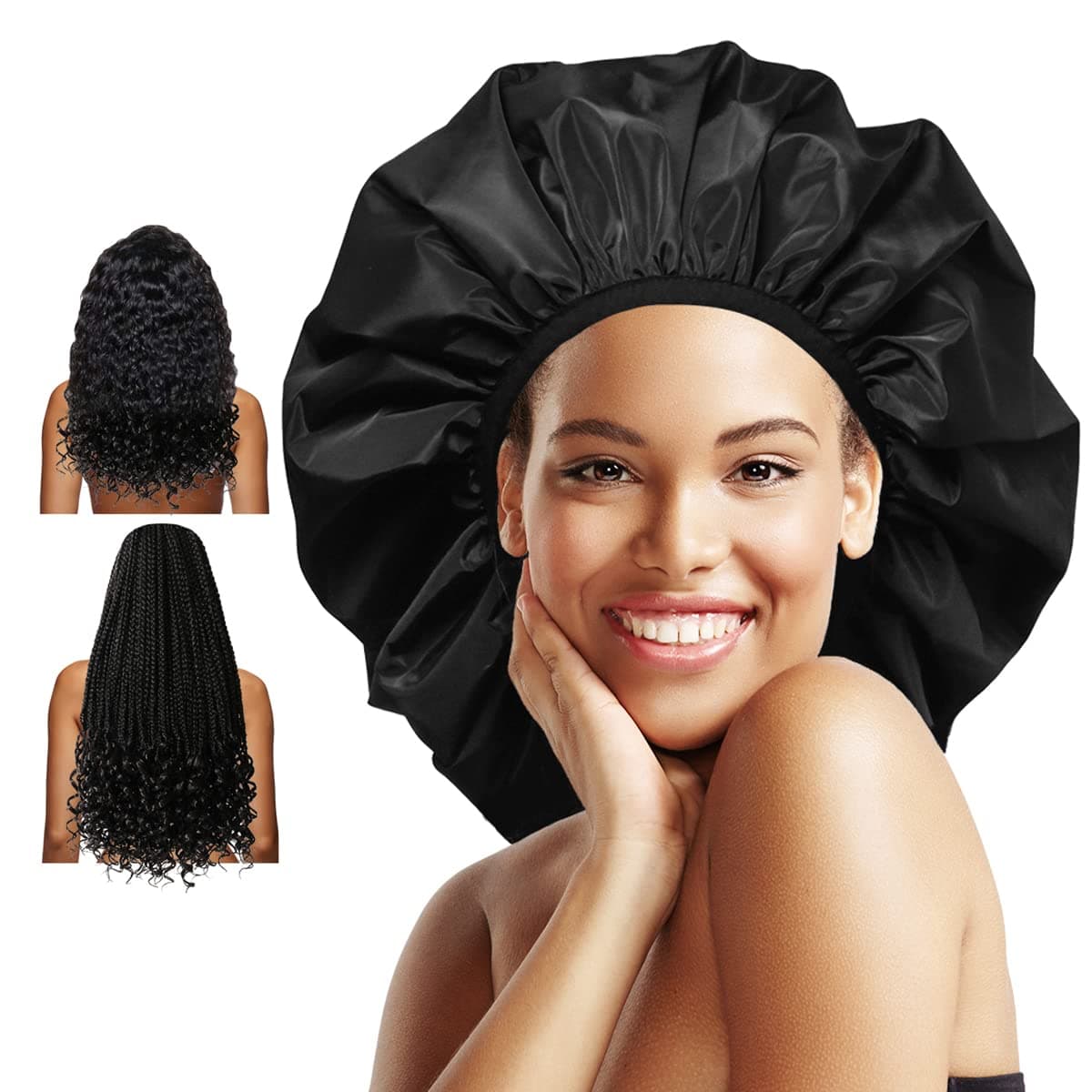 – Extra Large Braid Shower Cap, Waterproof Reusable Satin Lining Bonnet Sleeping Cap, for Women Thick, Long Hair, Curls, Braids (Black)