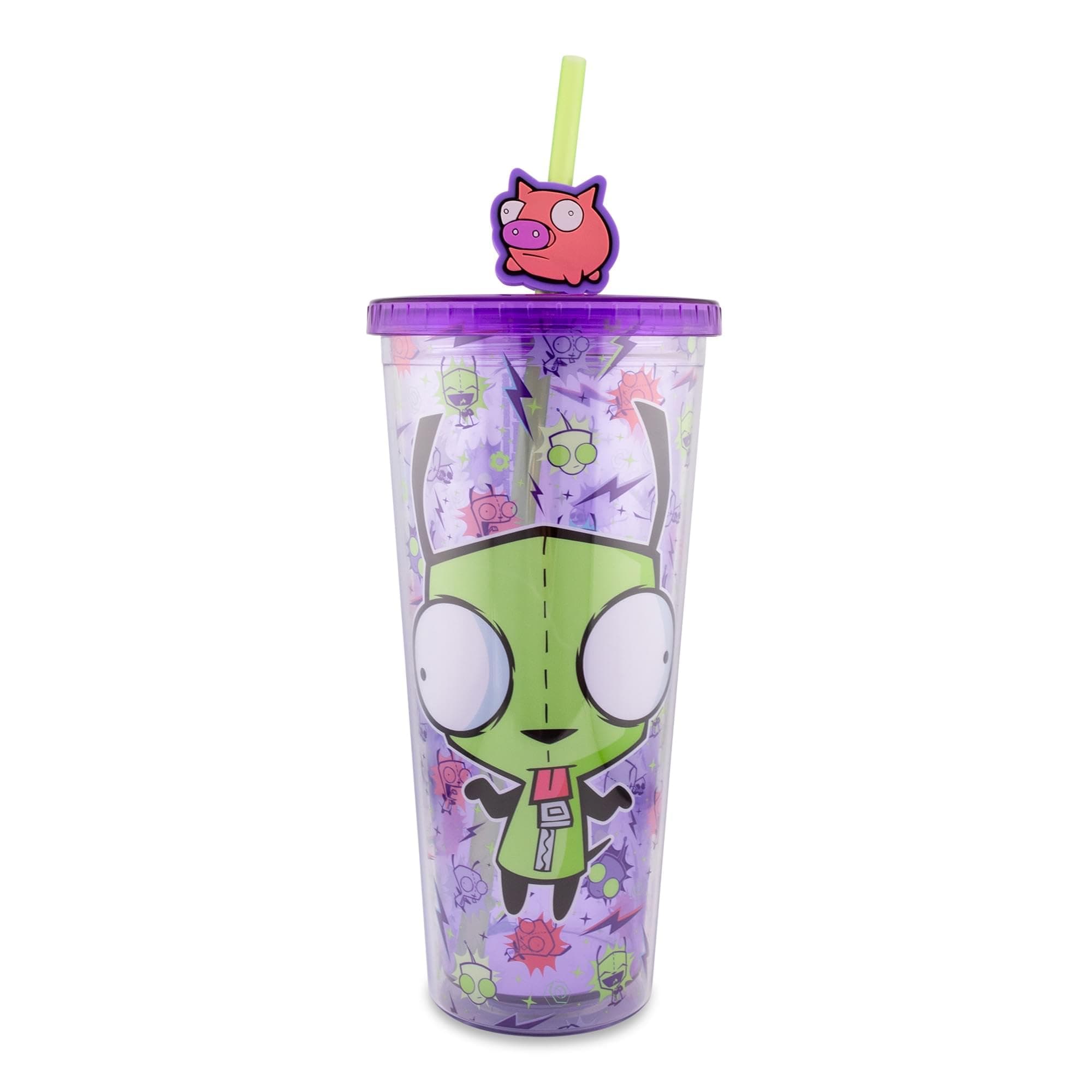 Silver Buffalo Invader Zim Gir Pattern Plastic Cold Cup with Lid and Straw Topper, 24 Ounces