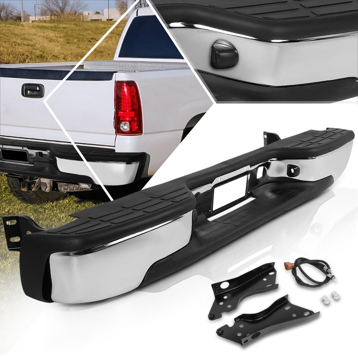 PM PERFORMOTOR Rear Step Bumper with License Plate Lights Compatible with 1999-2006 Chevy Silverado/GMC Sierra 1500 2500 Direct Replacement for GM1103124 GM1103122 12496085