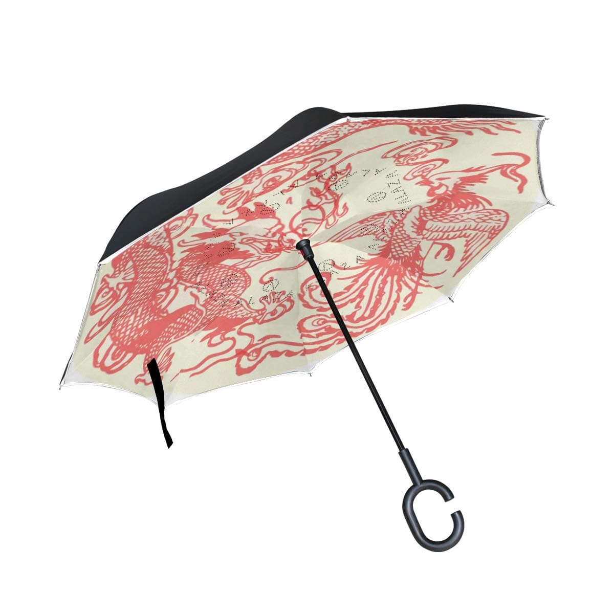 OREZIDouble Layer Inverted Umbrellas Reverse Folding Umbrella Windproof Protection Big Straigh Umbrella for Car Rain Outdoor With C-Shaped Handle,Chinoiserie Happy Dragon And Phoenix Umbrella for Wom