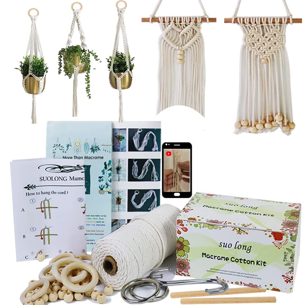 suo long Beginners Macrame Kit for Adults,Featuring 3mm Macrame Cord,Wooden Beads,Rings,Instruction Book.All Accessories You Need to Make Macrame Plant Hanger,Macrame Wall Hanging Adults Craft Kit