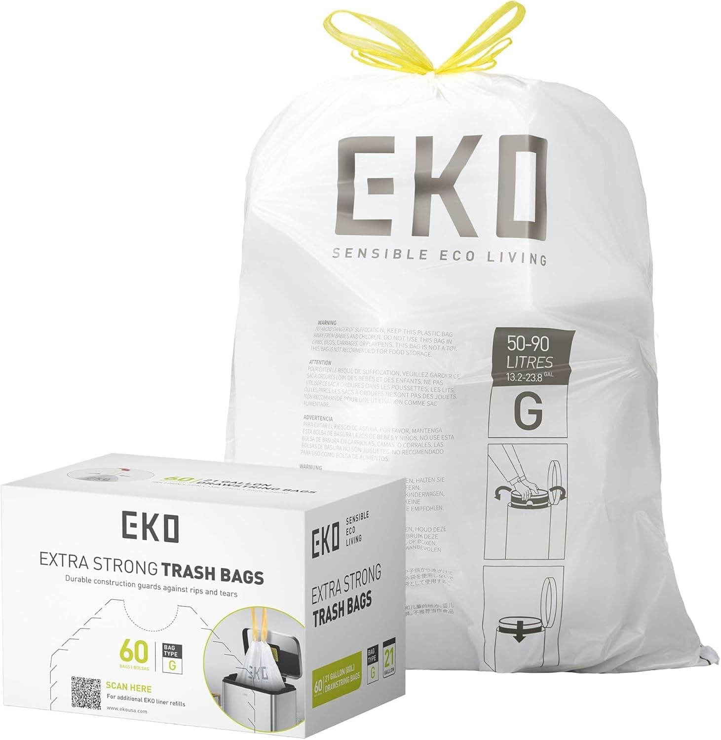 EKO Easy-Dispense Roll of 60 Count Extra-Strong Drawstring Kitchen Trash Bags - 21 Gallon Garbage Bags (79.5L) 60 pack, Code G