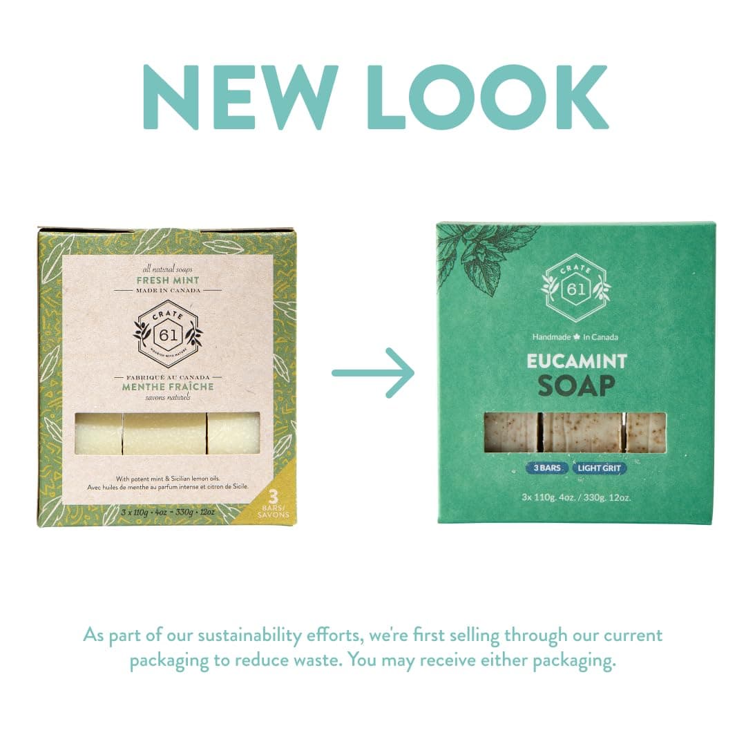 Crate 61 Eucamint (Eucalyptus & Peppermint) Soap 3 pack, 100% Vegan Cold Process, scented with premium essential oils, for men and women, face and body. ISO 9001 certified manufacturer