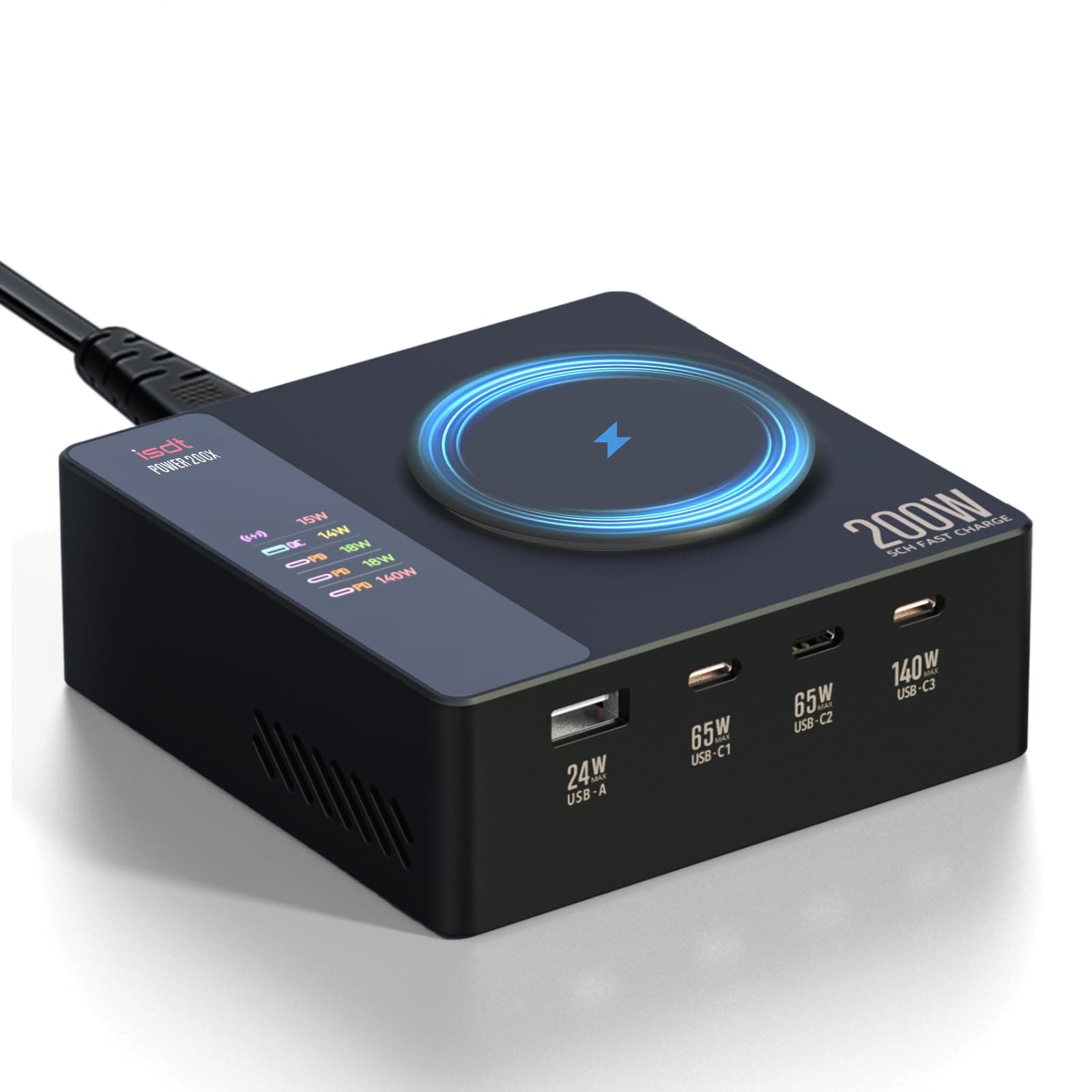 Power 200 Series USB C, 200W Phone with 4 USB+1 Wireless Ports, Fast Desktop Compatible with iPhone, Tablet, iWatch ect (Power 200X)