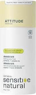 ATTITUDE Natural Baking Soda Free Deodorant for Sensitive Skin, Plastic-Free Cardboard Tube, Hypoallergenic, Argan Oil & Soothing Oatmeal, 3 Oz