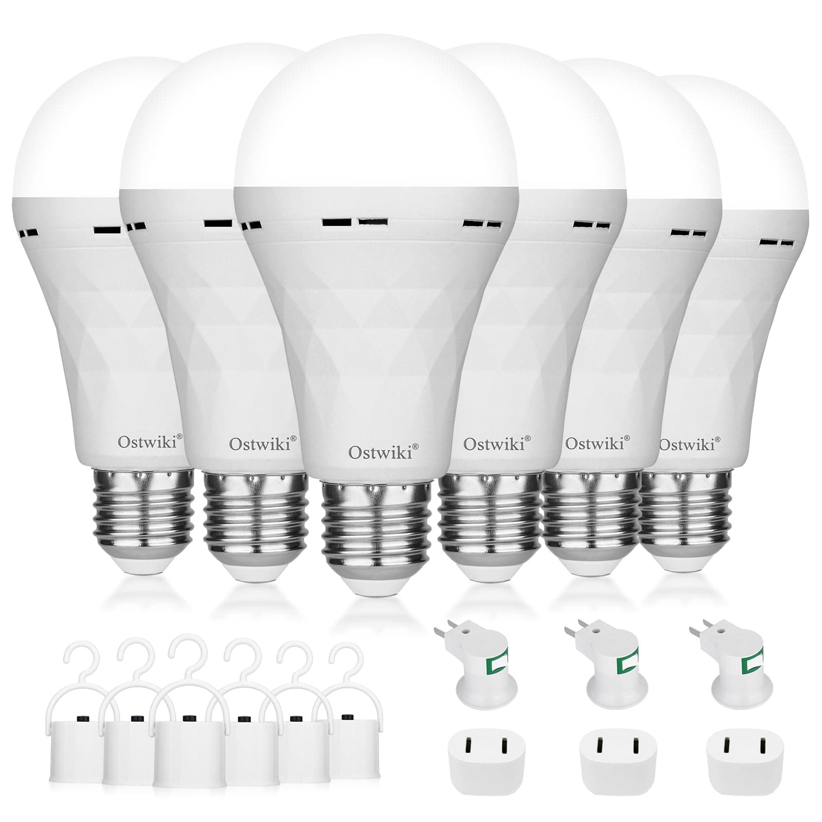 Ostwiki Rechargeable Light Bulbs,6 Pack Battery Operated Backup Emergency Light Bulb for Power Outage Camping Outdoor Hurricane 9W E27 8500K 1200mAh White Equivalent Self-Charging LED Light Bulbs