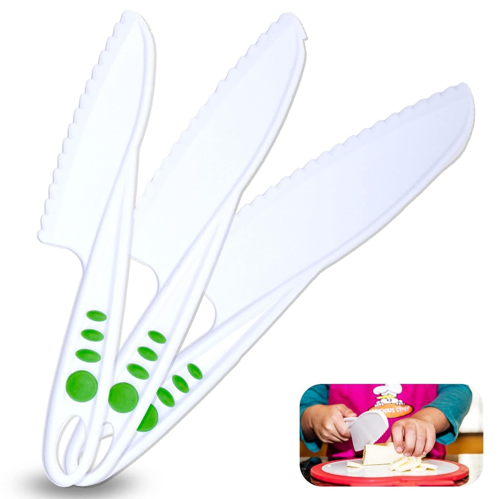 Kid Safe Kitchen Knife Set - 3-Piece Nylon Knives for Kids, White & Green, Ages 4+ - Non-Scratch Tools for Nonstick Pans & Kitchen Tool Set