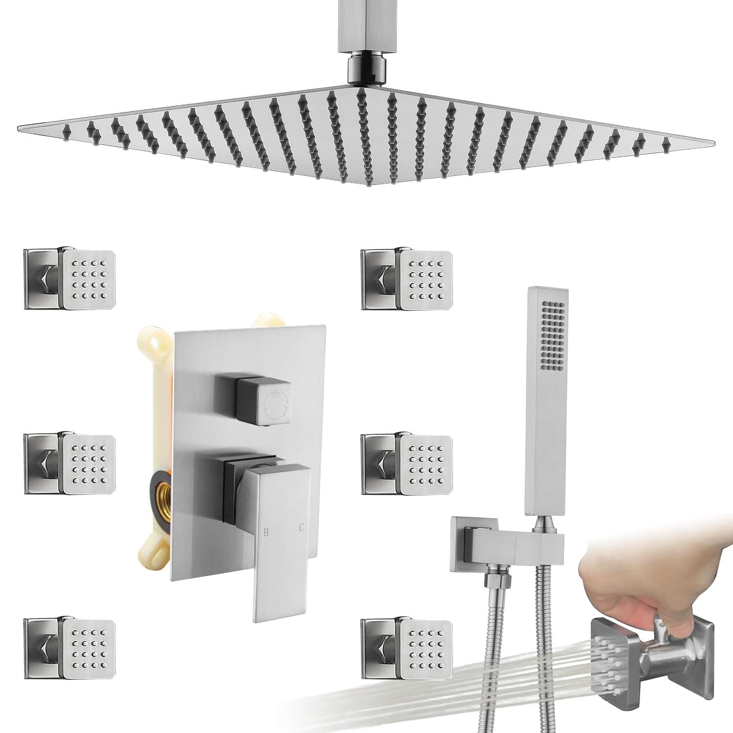 Enga 16 Inch Ceiling Rain Shower Head Combo System with Body Jets and Handheld, Shower Faucet Fixture Set, Brushed Nickel