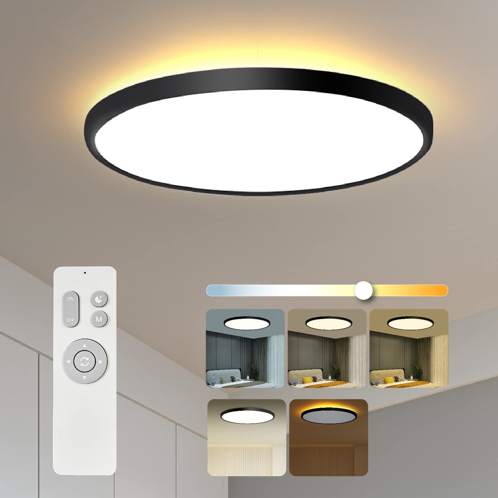 Roomratv Flush Mount Light Fixture with Remote Control, 2000K Night Light Feature, 18Inch 36W Led Ceiling Light with Full CCT Brightness Adjustable for Kitchen, Office, Kids Room