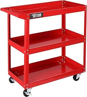 TUFFIOM 3 Tier Rolling Tool Cart, 330 Lbs Capacity, Red, 3 Shelves Steel Utility Cart for Garage, Workshop, Warehouse & Repair Shop