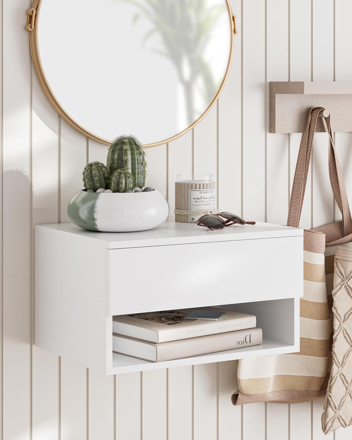 Floating Nightstand, Small Modern Floating Bedside Table with Drawer, White