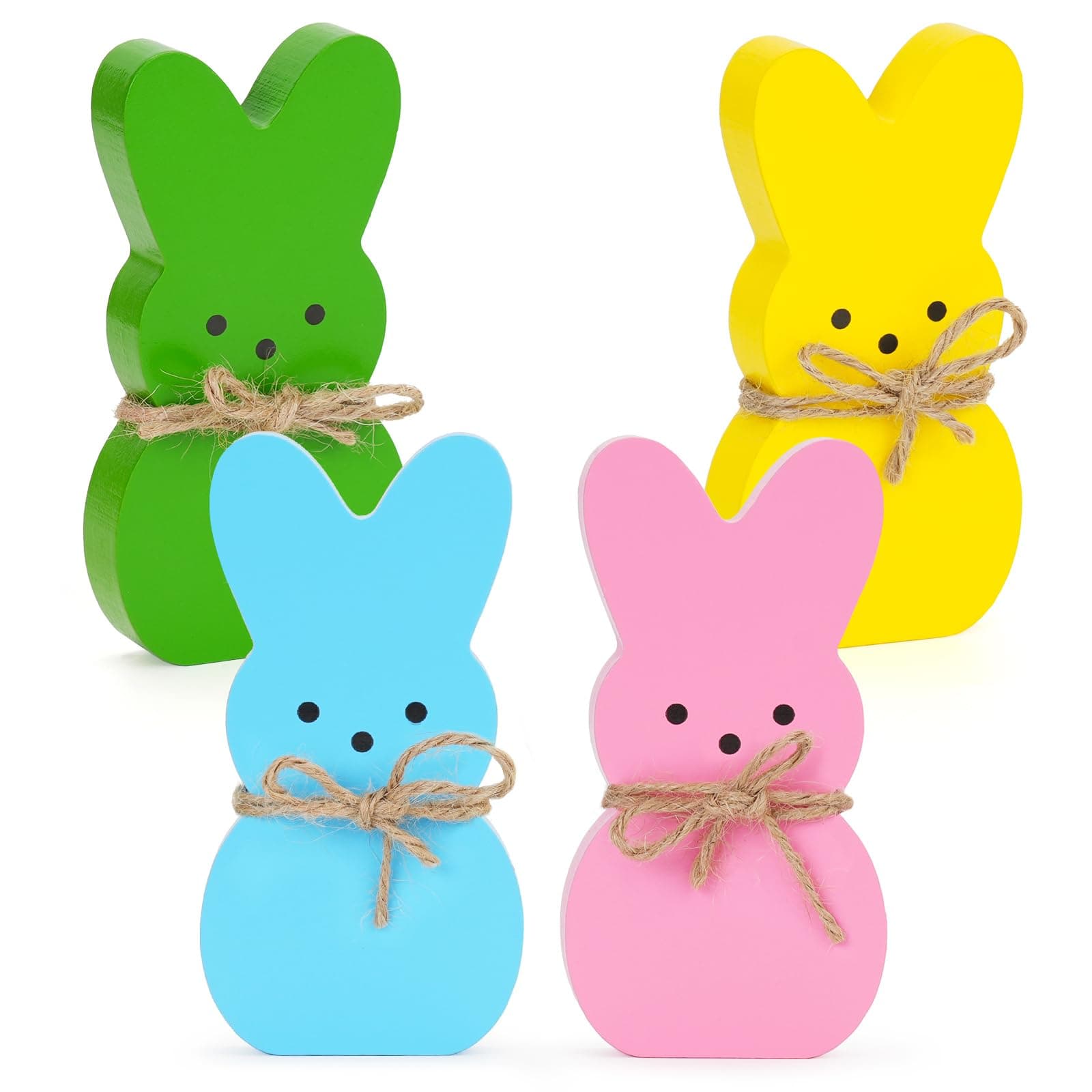 Babycop Easter Décor, 4 Pcs Bunny Table Decorations Wooden Spring Signs for Home, Wood Rabbit Tiered Tray/Mantal Décor for Farmhouse or Office Party Supplies