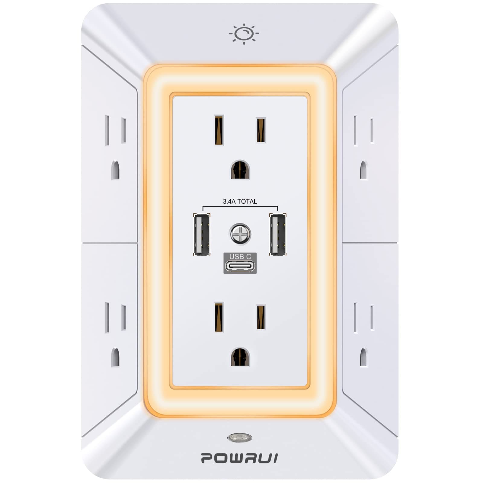 Multi Plug Outlet Surge Protector - 6 Outlet Extender with 3 USB Ports (1 USB C) and Night Light, 3-Sided Power Strip with Adapter Spaced Outlets - White，ETL Listed