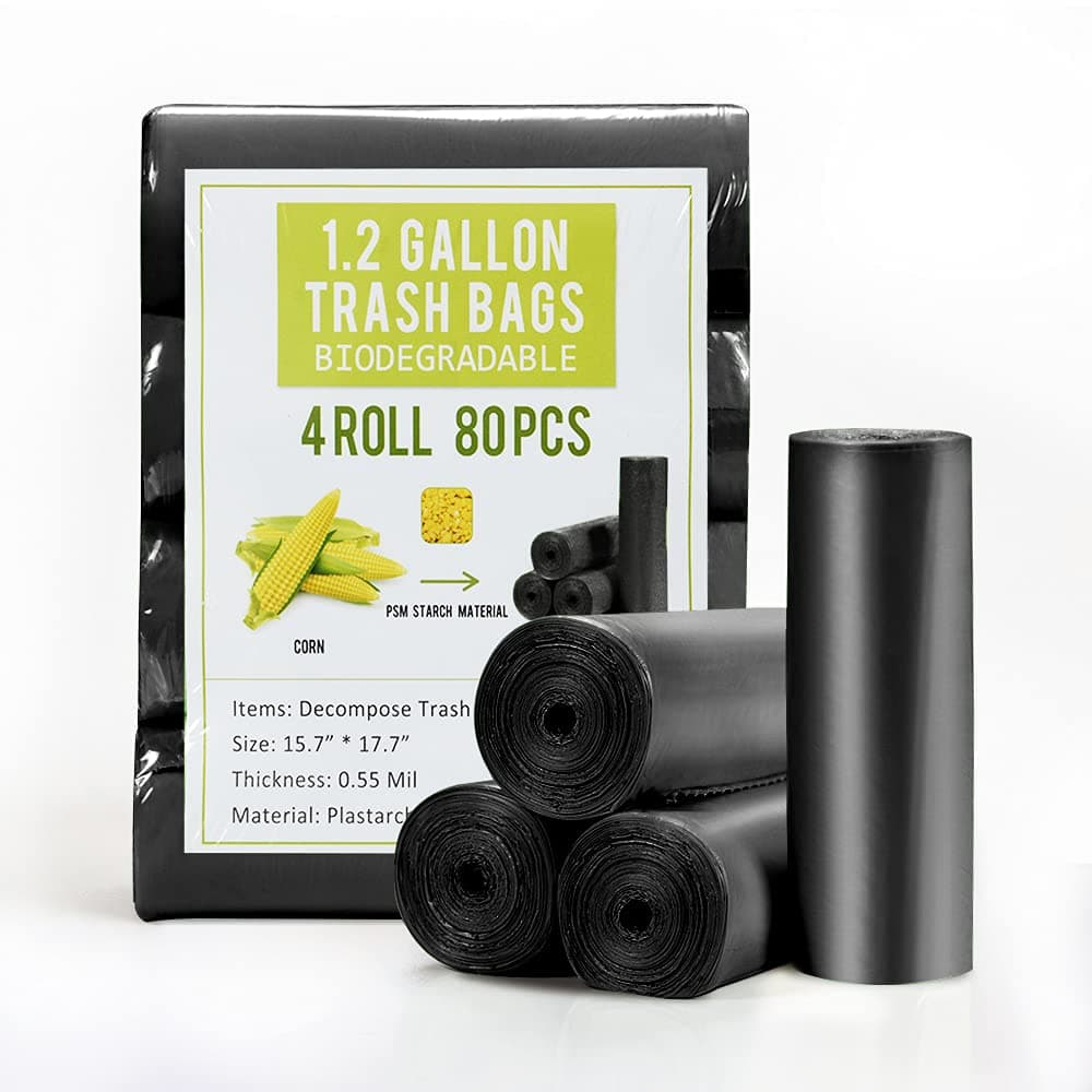 1.2 Gallon Small Garbage Bags Biodegradable 5 Liter Mini Strong Bathroom Trash Bags with Tear & Leak Resistant, Recycling Eco-Friendly Trash Can Liner, Black, 80 Counts