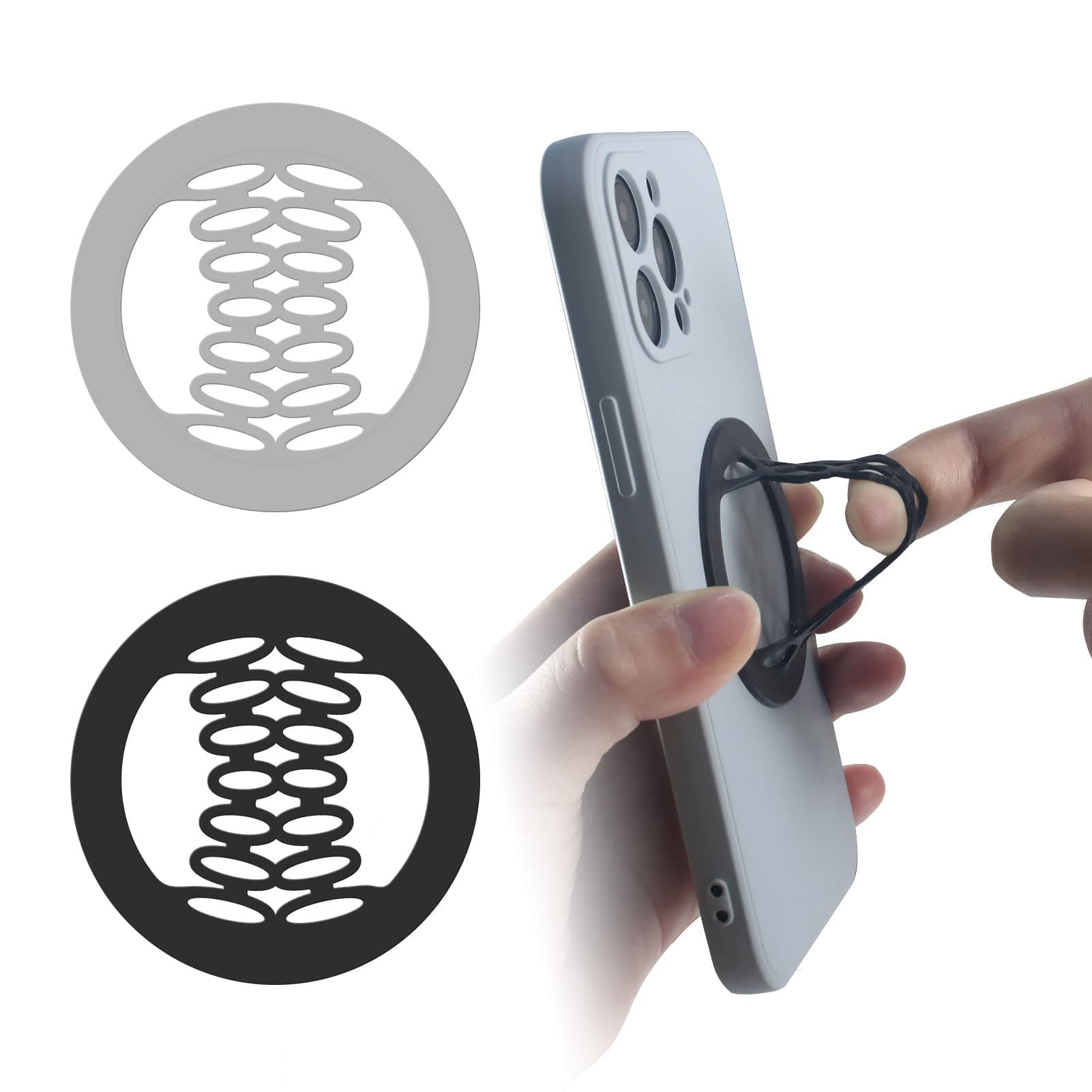 MAKINGTEC Phone Grip Strap Holder Elastic Silicone Cell Phone Gripper for Back of Phone Loop Finger Holder for Hand, Compatible with iPhone, Samsung, Android Smart Phone, 2pcs (Black/Grey)