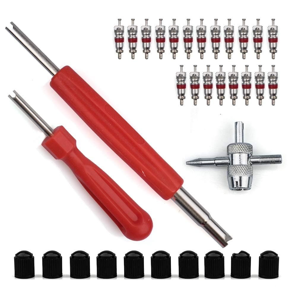 Novelfun Tire Valve Core Tool Set with Dual & Single Head Valve Core Remover Tire Repair Tool，1 Pcs 4-Way Valve Tool，10Pcs Tire Valve Caps，20Pcs Valve Cores