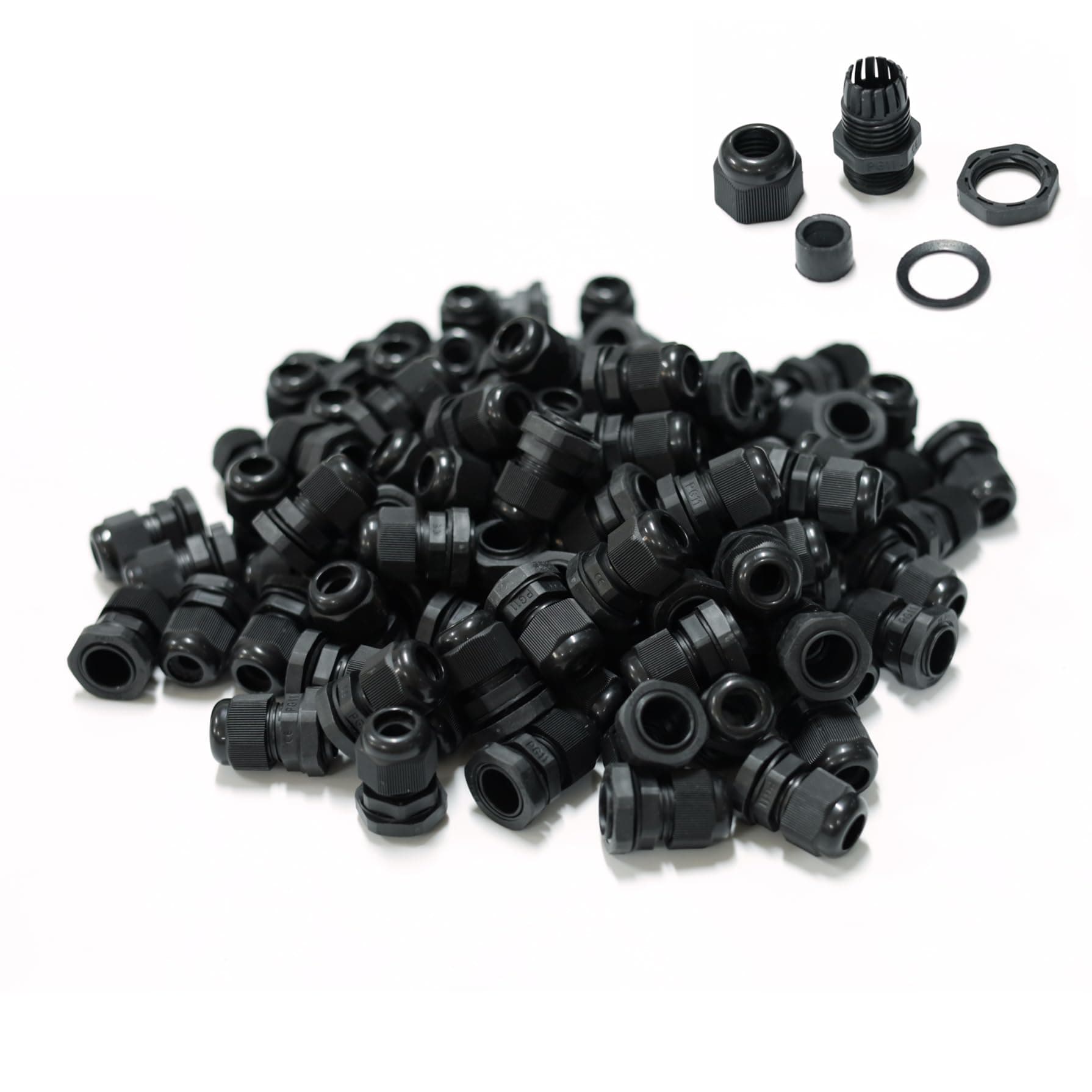 100 pcs PG11 Waterproof Cable Gland Connector Black Plastic Adjustable IP68 M18 Thread Cable Gland with Locknut Rubber Ring for 5-10mm Wire