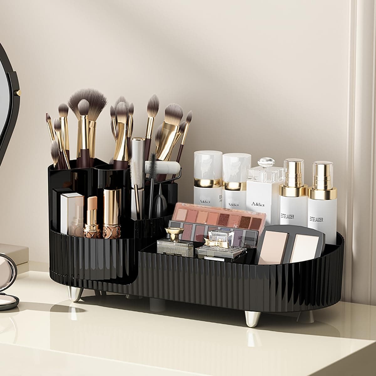 Makeup Organizer Countertop Rotating Makeup Organizer for Vanity Large Capacity Cosmetic Display Case with Makeup Brush Holder Cosmetic Organizer Countertop（Black）
