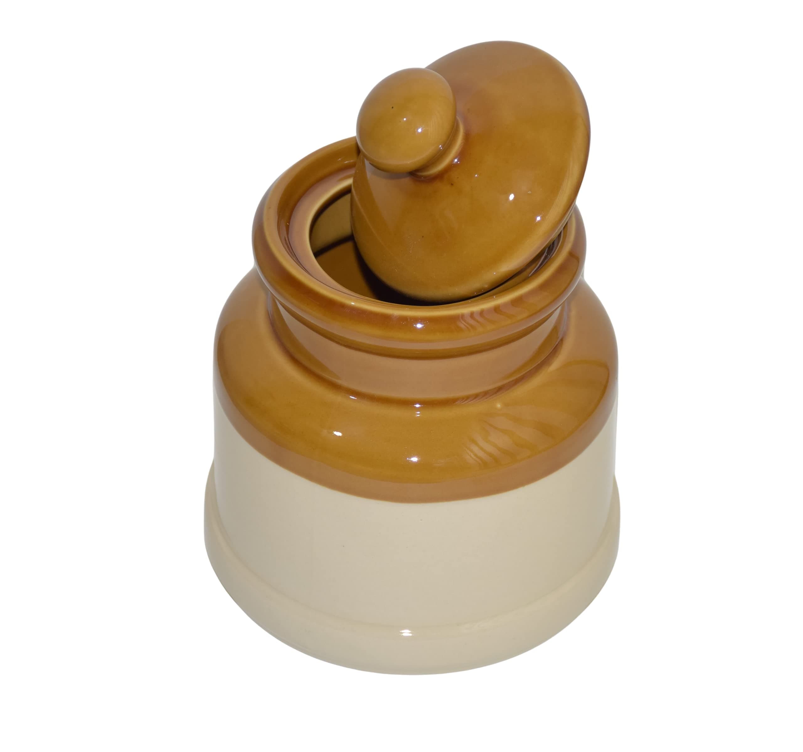 Pure Source India Ceramic Pickle Jar With Lid - 1000ml, 1 Pc, Ivory and Brown