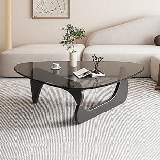 Triangle Coffee Table Modern Noguchi End Table, Solid Wood Base and 8mm Thick Tempered Glass Top Accent for Living Room Office Hotel Patio (Black Legs + Gray Glass, 50 * 36 * 16)