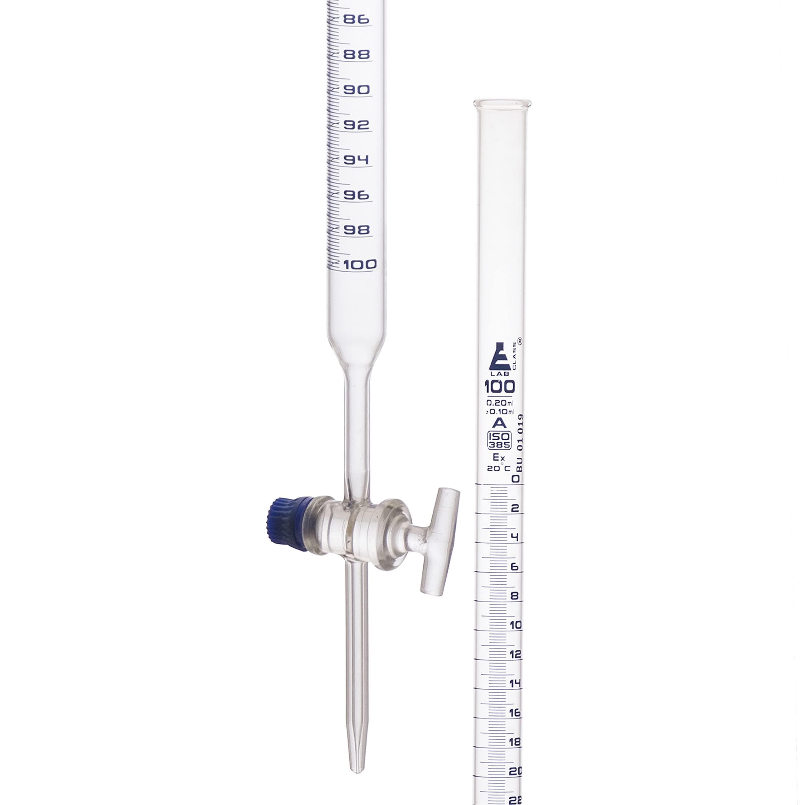 Burette, 100mL - Class A, DIN 385 Compliant, Borosilicate Glass with Glass Key Stopcock, 0.20mL Graduations