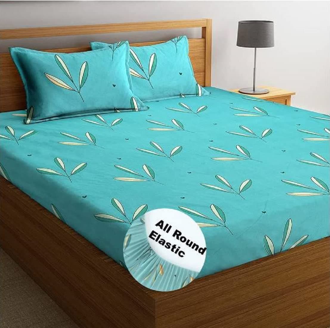 BSB HOME Premium Cotton Elastic Fitted Bedsheets with 2 King Size Pillow Covers | Double Bed with All Around Elastic 180 TC Supersoft |Sizex78+10 inches | Dark Brown Yellow and White