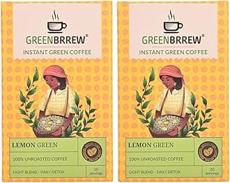 Greenbrrew Lemon Green | 100% Unroasted Coffee | Light Blend | Daily Detox | 20 Servings | 60g (Pack Of 2)