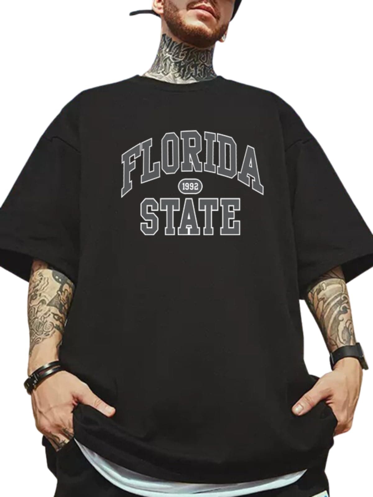 MANLINOBlack Oversized T-Shirt for Men | Front Print Half Sleeve Florida Crew Neck Cotton T-Shirt(Black)