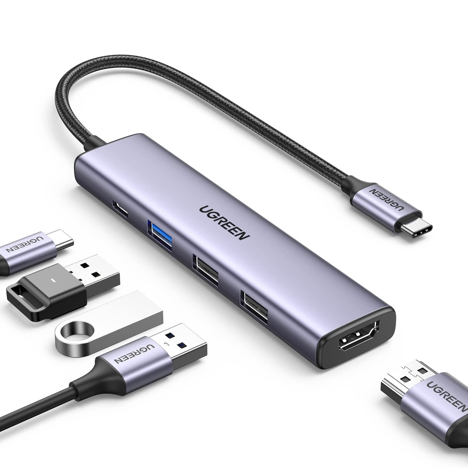 UGREEN USB C Hub, Revodok 5-in-1 USB Hub for Laptops, 4K HDMI to USB-C Adapter, 100W PD, 3 USB-A Data Ports, Aluminum Compact Multiport Adapter for MacBook Air/Pro, HP, Dell, iPad, Galaxy Dex