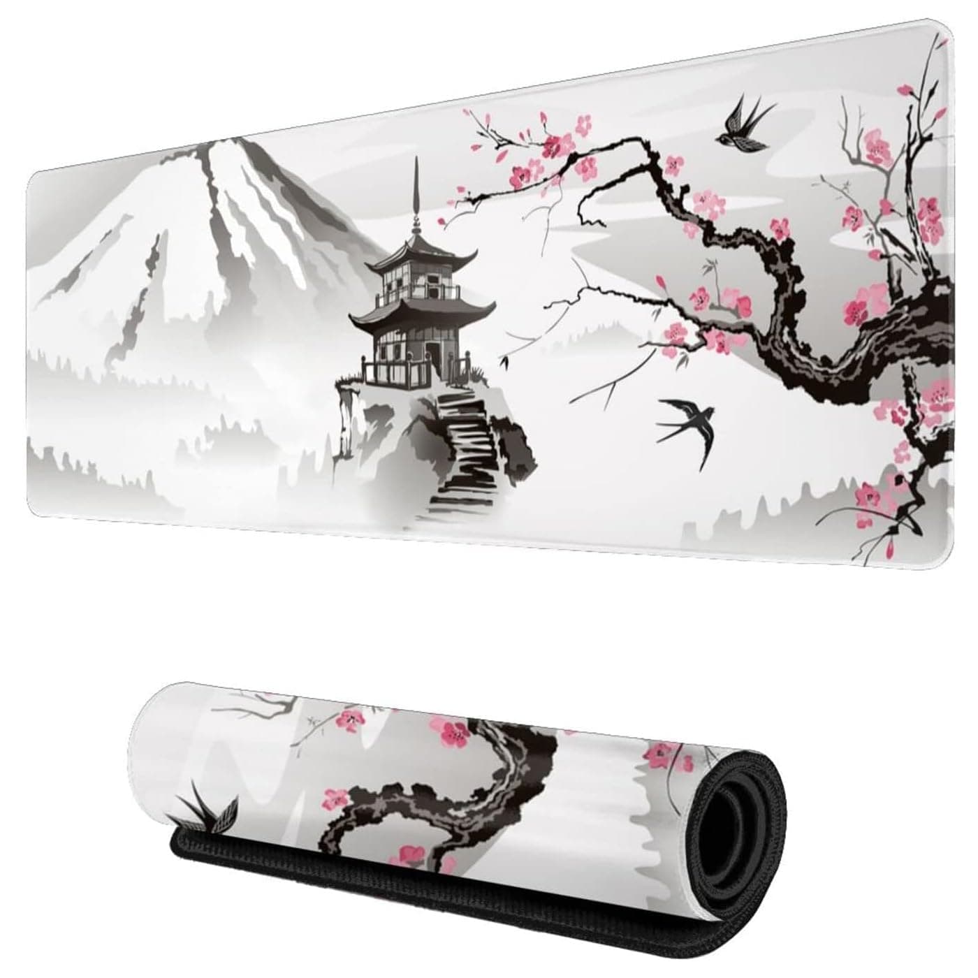 X spring Gaming Mouse Pad, 80cm × 30cm Cherry Blossom Large Keyboard Mat, Waterproof and Easy to Clean Fuji Ink Painting Mousepad, Long Non-slip Rubber Base Mice Pad for Work, Game