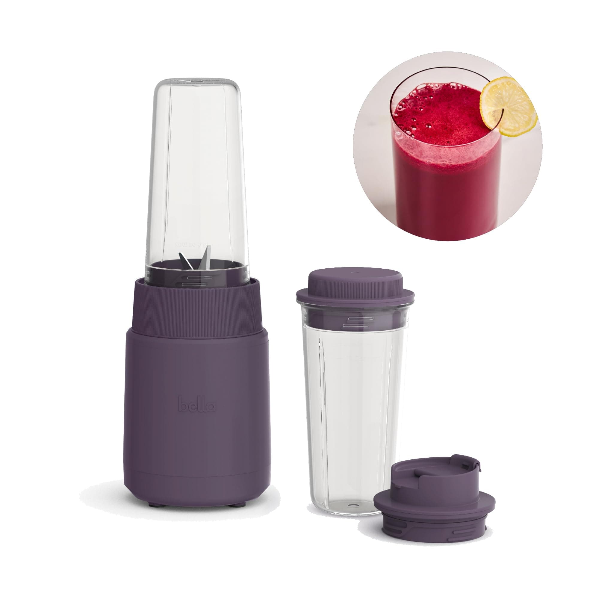 bella 6 Pcs Portable Rocket Blender, Juicer & Smoothie Maker, Press & Twist Design, EverGood™ & BPA Free Dishwasher Safe Parts, 4 Tip Stainless Steel Blade, Cord Wrap, 240 Watt Motor, Plum