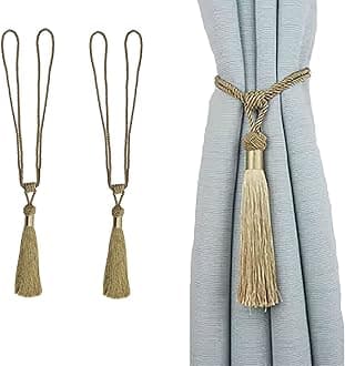 Curtain Tiebacks Handmade Rope Tassel Tie Backs Pair Curtain Holdbacks Curtain Liner Ties for Office Home Decorative Drapery Set of 2 (Gold, 2)