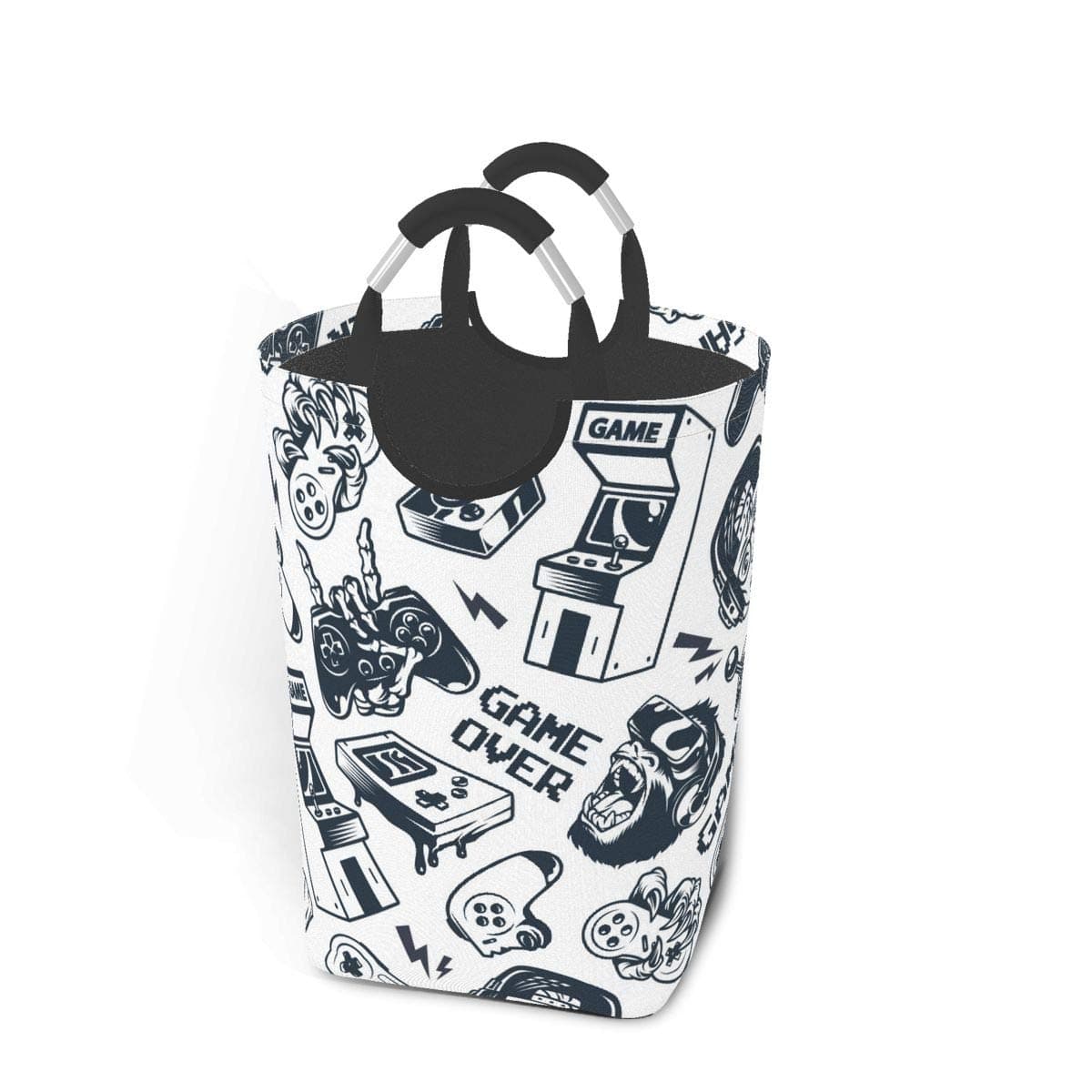 fgjfdjj Collapsible Vintage Gaming Seamless Pattern Storage Bin Hamper Laundry Basket, Foldable Dirty Clothes Bag with Handles Home Bedroom Office Toys Books Organizer