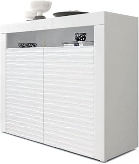 Vladon City Cabinet, Sideboard with 2 Doors and 1 Open Compartment, White matt/White High Gloss Harmony 3D Structure/White High Gloss (108 x 92 x 40 cm)