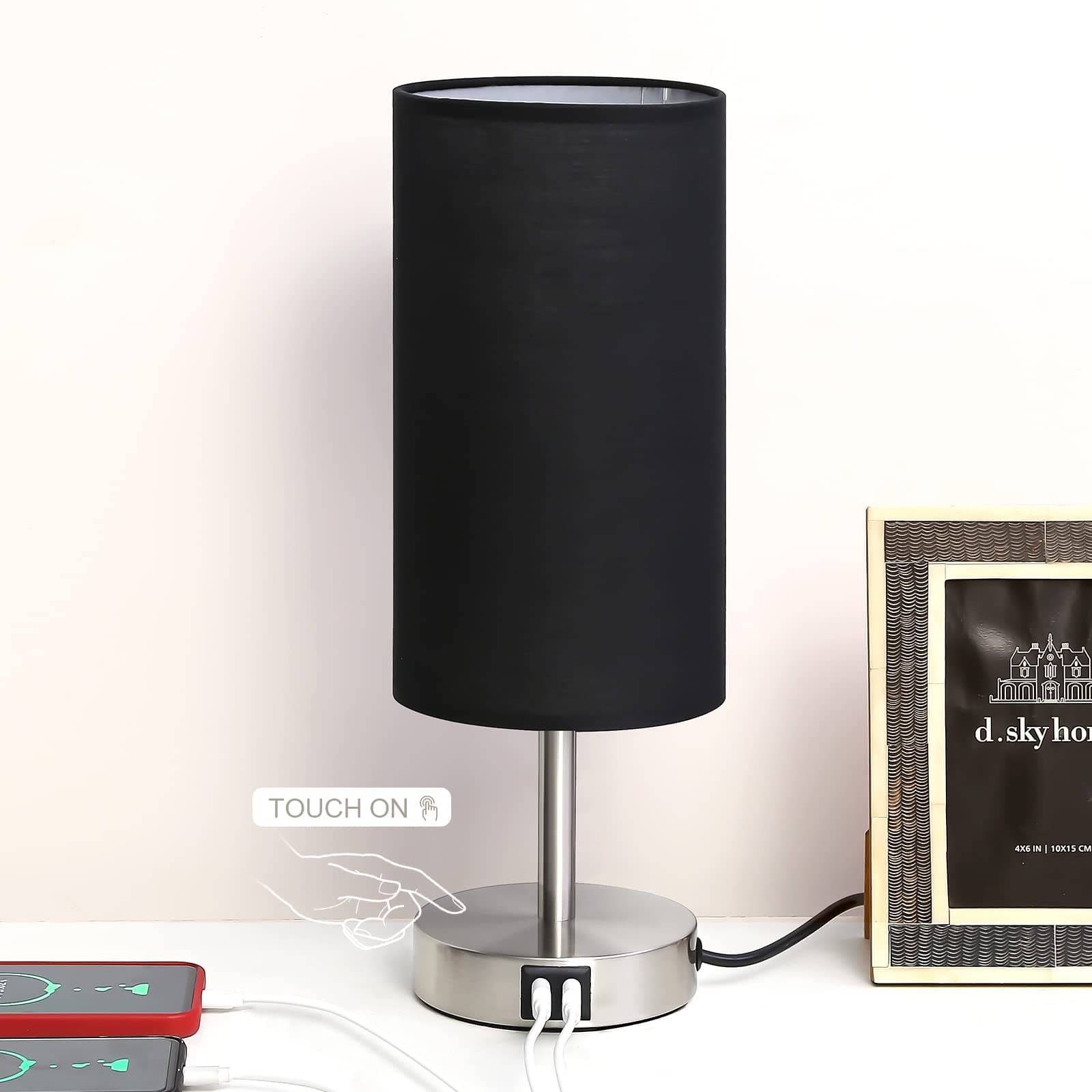 Bedside Lamp with USB Port - Touch Control Table Lamp for Bedroom Wood 3 Way Dimmable Nightstand Lamp with Round Black Shade for Living Room, Dorm, Home Office (LED Bulb Included) (Blacl2)