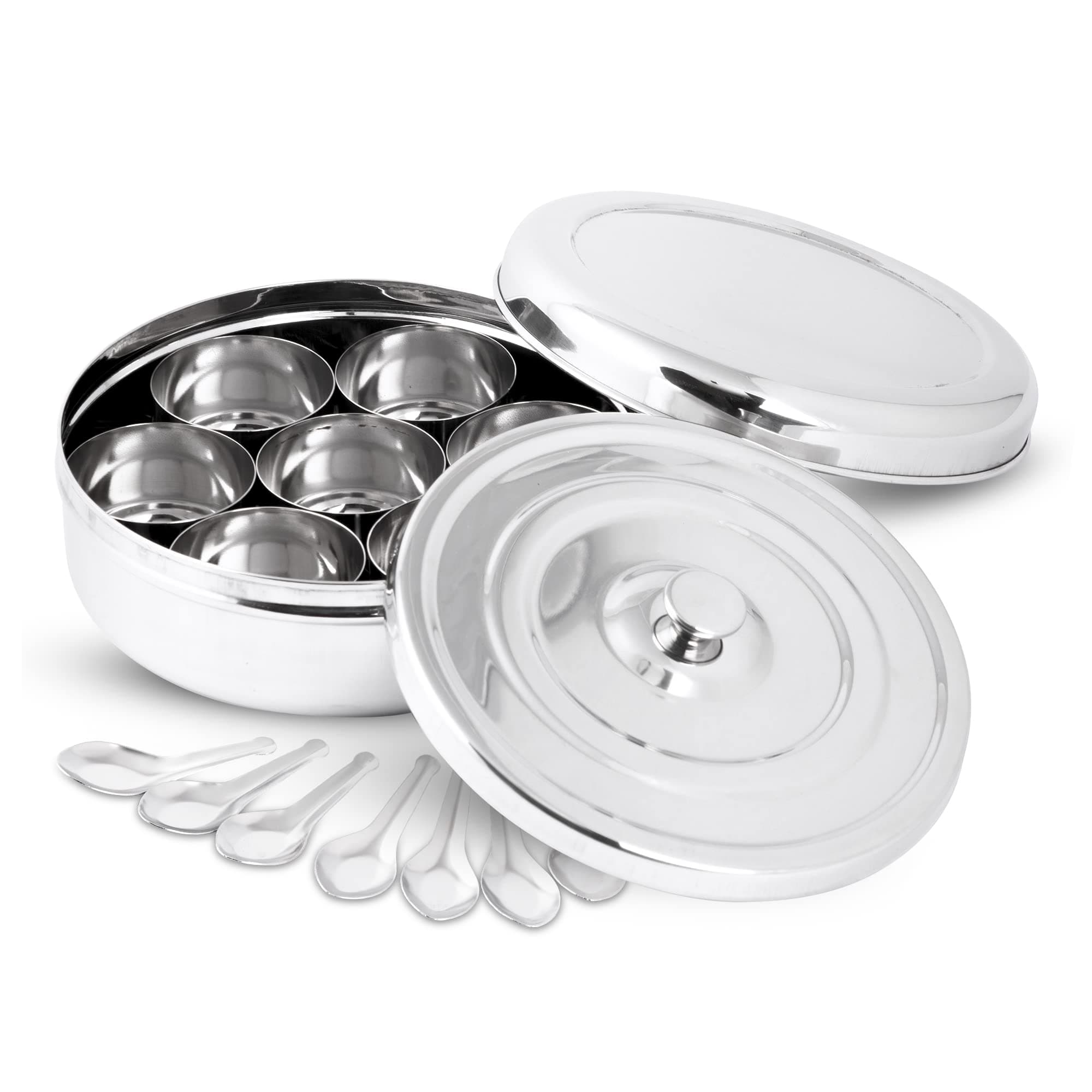 KSJONE Double Lid Spice Container Masala Dabba With 7 Compartments and 7 Spoons, Masala Box, Spice Container Box, Stainless Steel Spice Box Indian with Transparent Lid, 8 inch