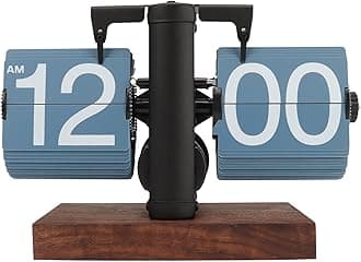 BROLEO Digital Flip Down Clock, 12H AM/PM Display Mechanical Retro Digital Flip Desk Clock, Battery Powered Internal Gear Operated Tabletop Auto Flip Clock for Home & Office Decor (Blue)