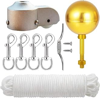 EKEV Flag Pole Hardware Parts Repair Kits - 3" Topper Gold Ball + 50 Ft Halyard Rope + 6" Cleat Hook + 4 Flag Swivel Snap Hooks + Flagpole Pulley Truck for 2" OD Tube