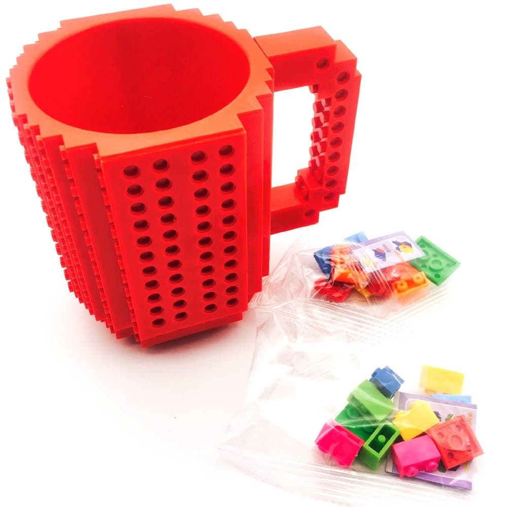 Build-on Brick coffee Mug (Red) - Coffee mug +2 box bricks, BPA-free Coffee Mug Lego Style Puzzle Mugs, Building Blocks Water Bottle Tea Cup, Plastic Mug for Coffee Tea Beverage Drinking