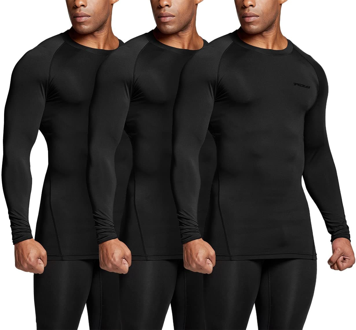 TSLA1 or 3 Pack Men's UPF 50+ Long Sleeve Compression Shirts, Athletic Workout Shirt, Water Sports Rash Guard
