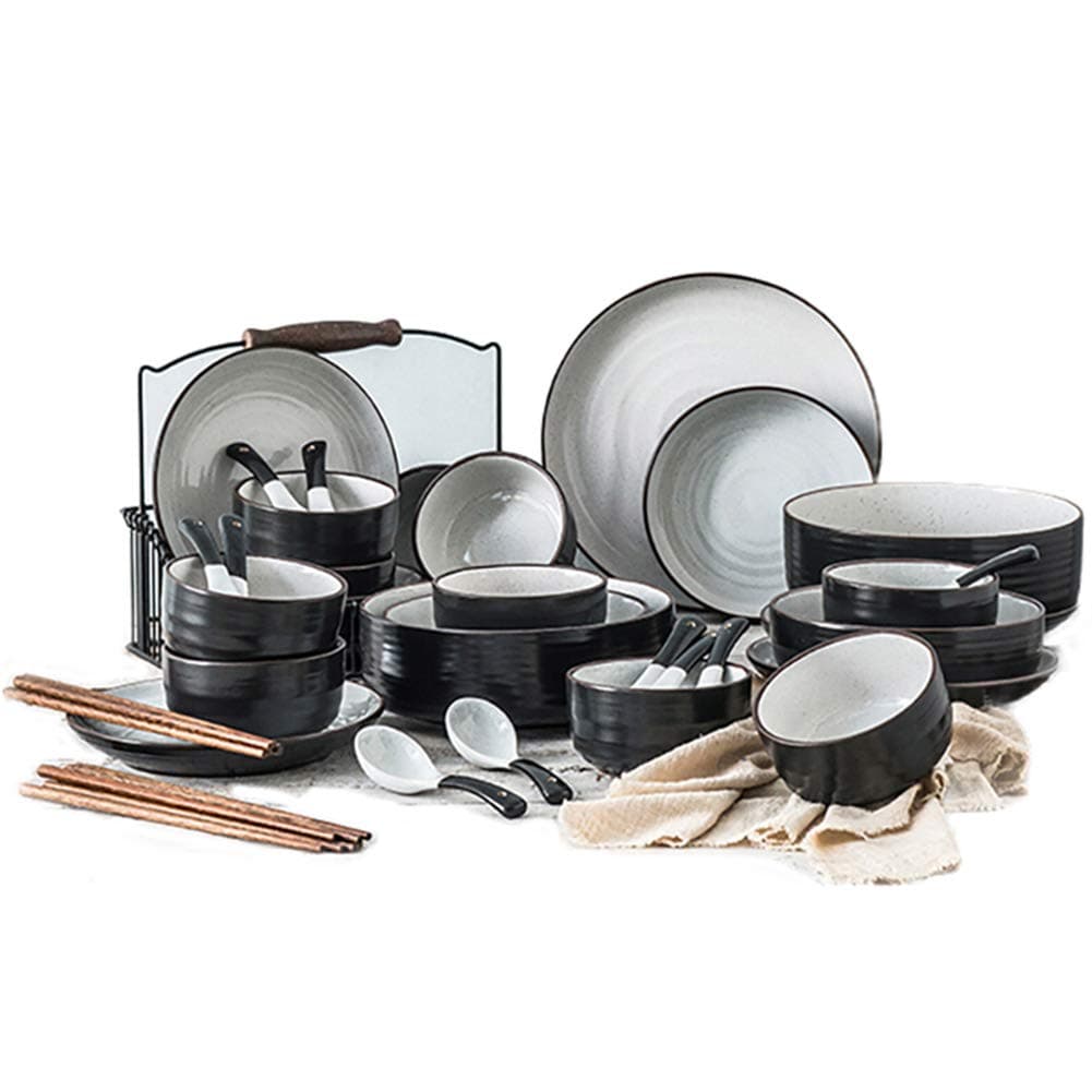 Services Complets de vaisselle, plaques et bols ensembles, assiette de dîner en porcelaine, assiette à salade, bol à soupe, créativité moderne Vintage Lounge Plats, service pour 6-8 (32pcs),Black