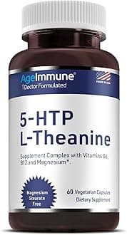 AgeImmune Anxiety Formula ; Stress Relief Supplements Complex with L-Theanine, 5-HTP, Vitamins B6, B12 and Magnesium. Doctor Formulated, Magnesium Stearate Free. 60 Capsules.