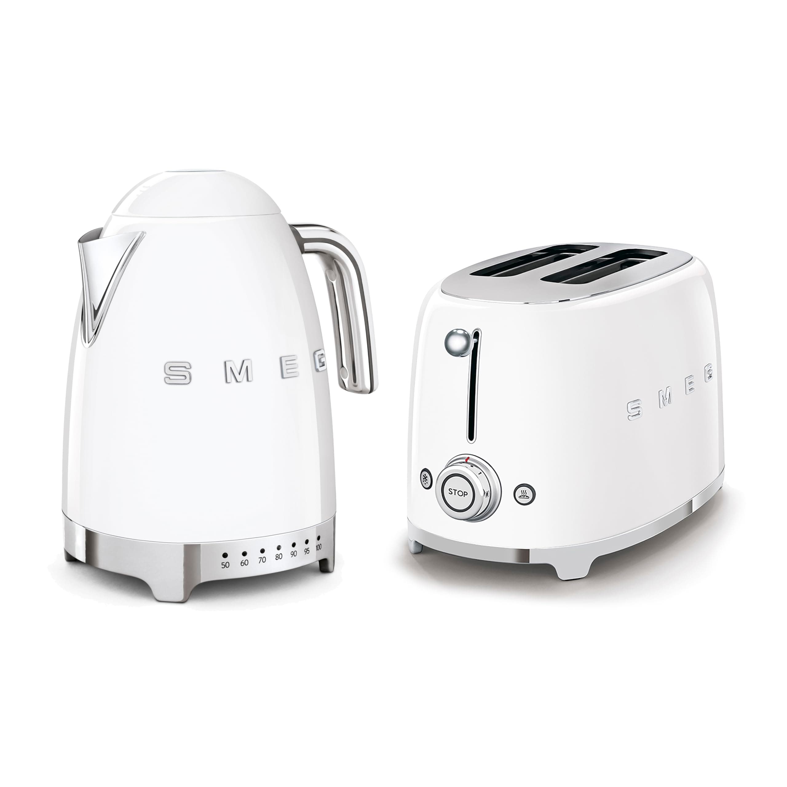 Smeg 50’s Style Retro Range Breakfast Set, 1.7L 3000W Variable Temperature Kettle and Multi-Functional Control 2-Slice 950W Toaster, White, KLF04WHUK/ TSF01WHUK