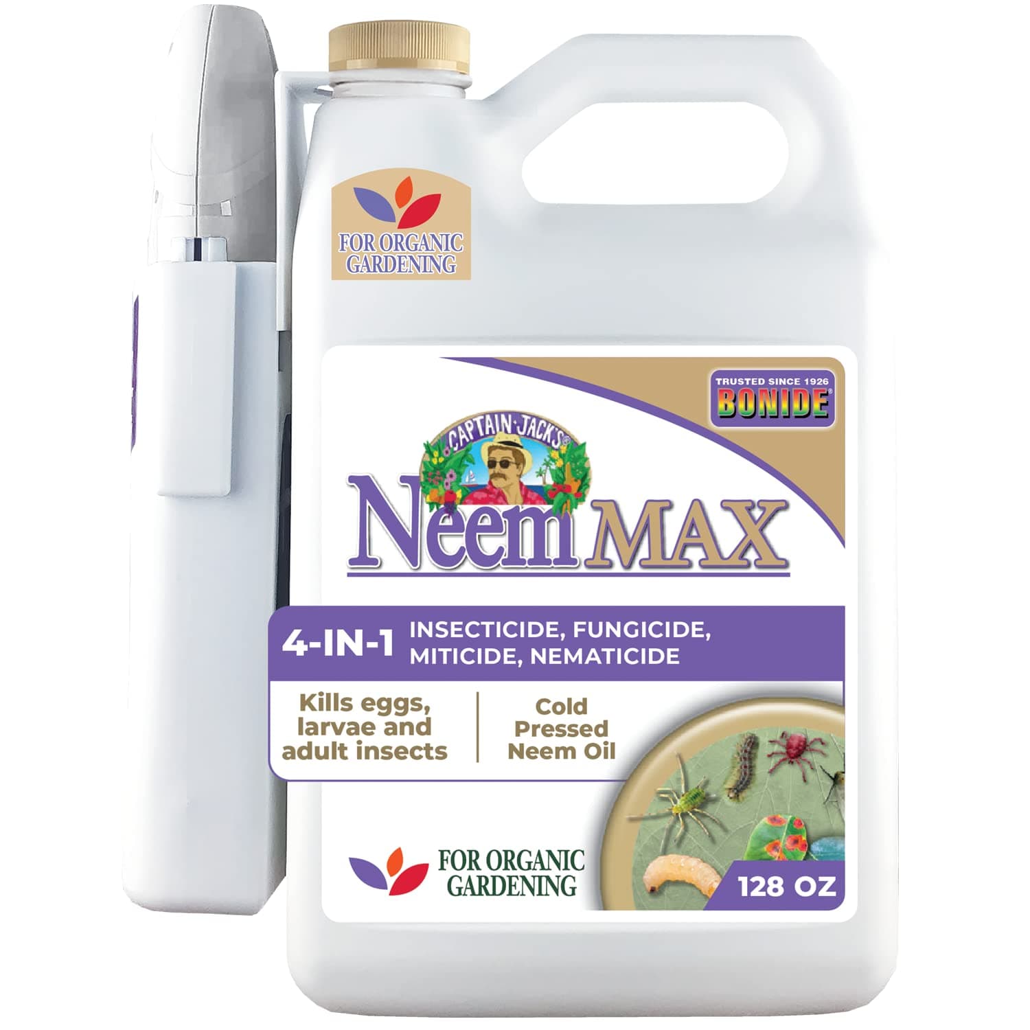 Captain Jack's Neem Max, 128 oz Ready-to-Use Spray Cold Pressed Neem Oil, Multi-Purpose Insecticide, Fungicide, Miticide and Nematicide for Organic Gardening